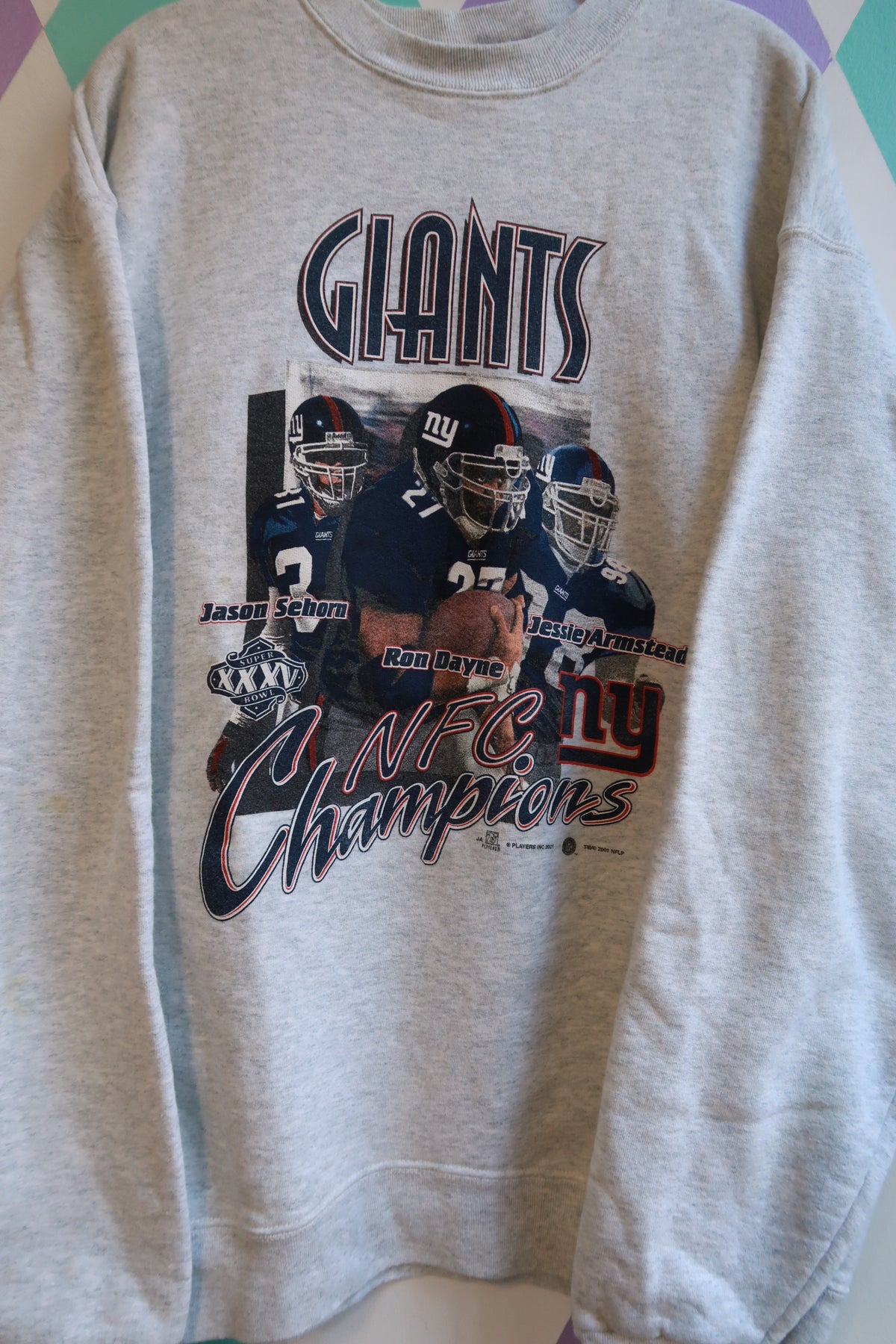 Men's vintage New York Giants NFC Champions crewneck sweatshirt by Elektra Vintage, featuring team logo and classic design.