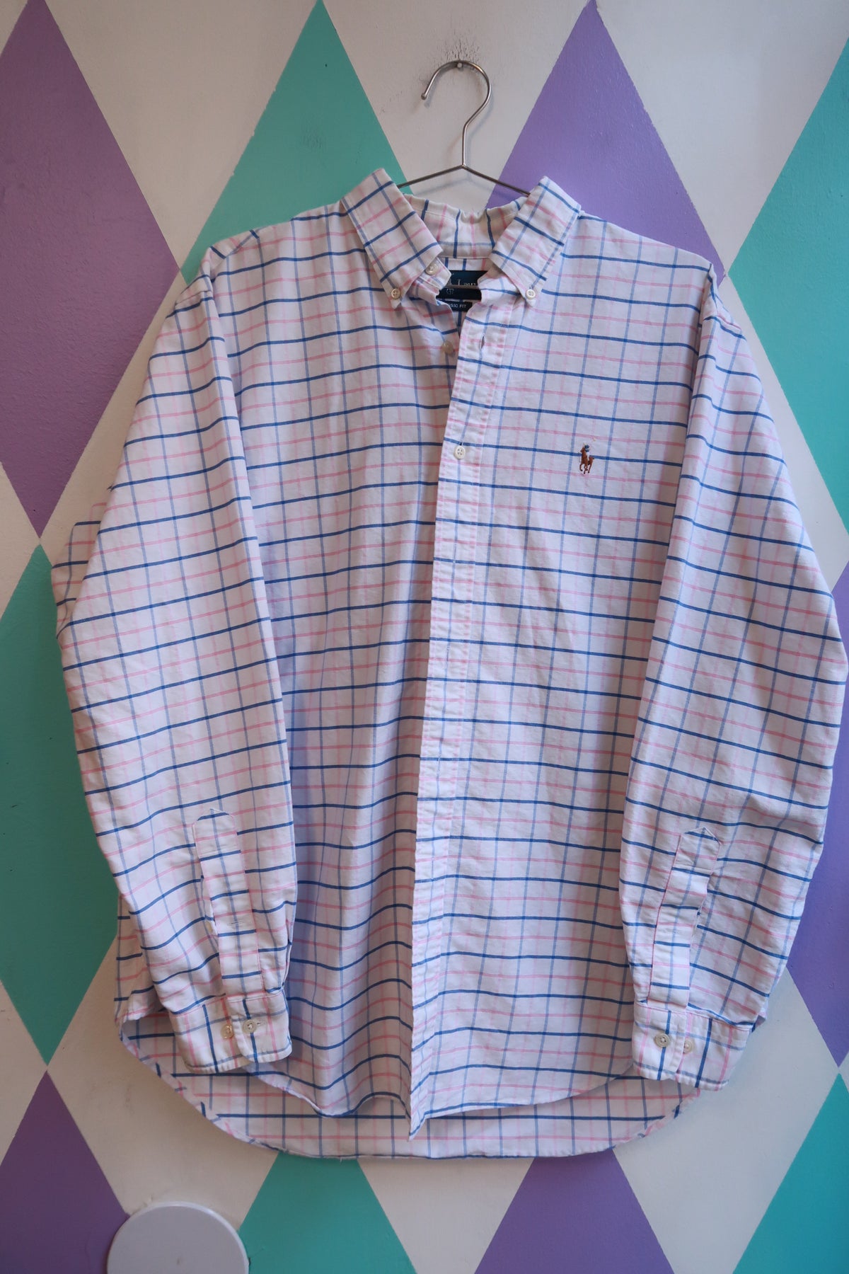 Vintage Ralph Lauren Pink & Blue Windowpane Plaid Button Down Shirt