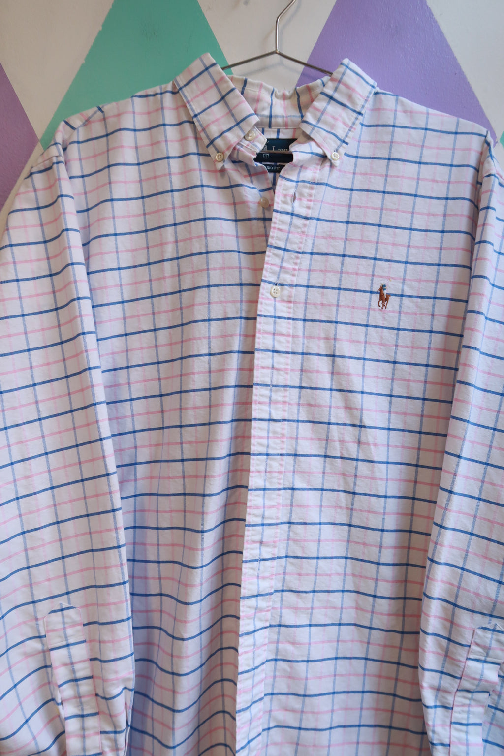 Vintage Ralph Lauren Pink & Blue Windowpane Plaid Button Down Shirt