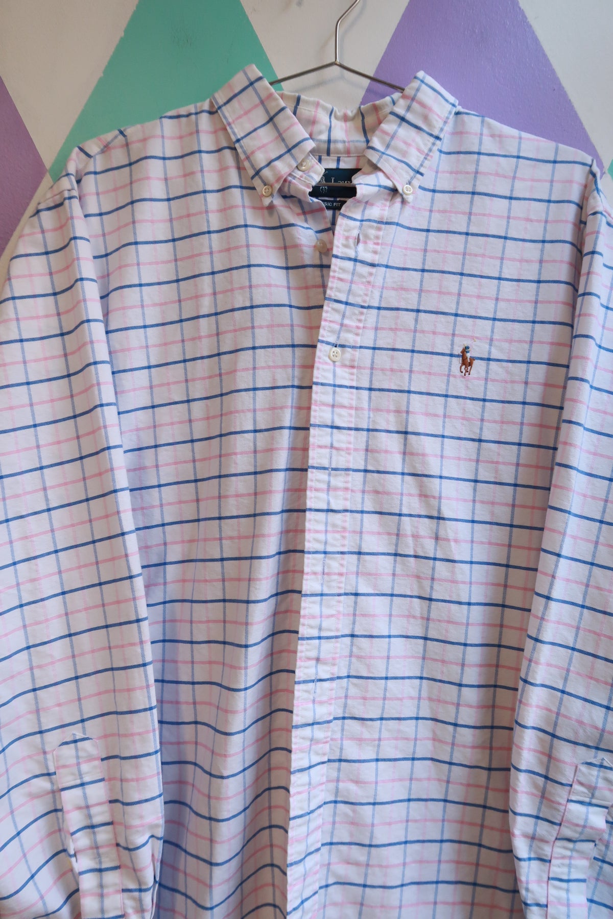 Vintage Ralph Lauren Pink & Blue Windowpane Plaid Button Down Shirt