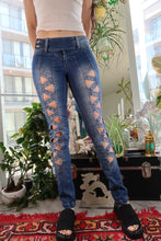 Load image into Gallery viewer, Y2K Cutout Lace-Up Jeans – Blue Distressed Denim with Side Slits
