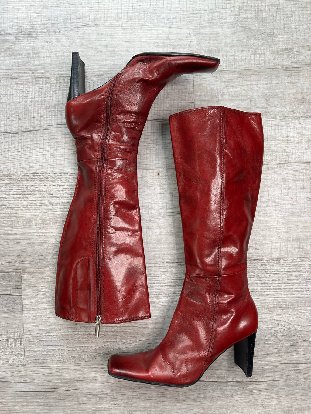 Vintage Cherry Red Leather Mid Calf Boots size 10 - Elektra Vintage