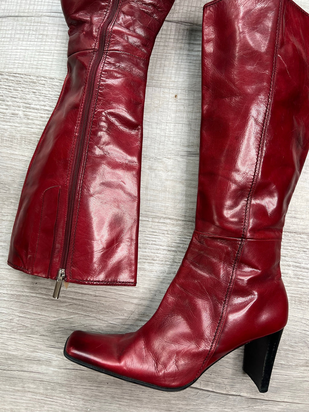 Vintage Cherry Red Leather Mid Calf Boots size 10 - Elektra Vintage