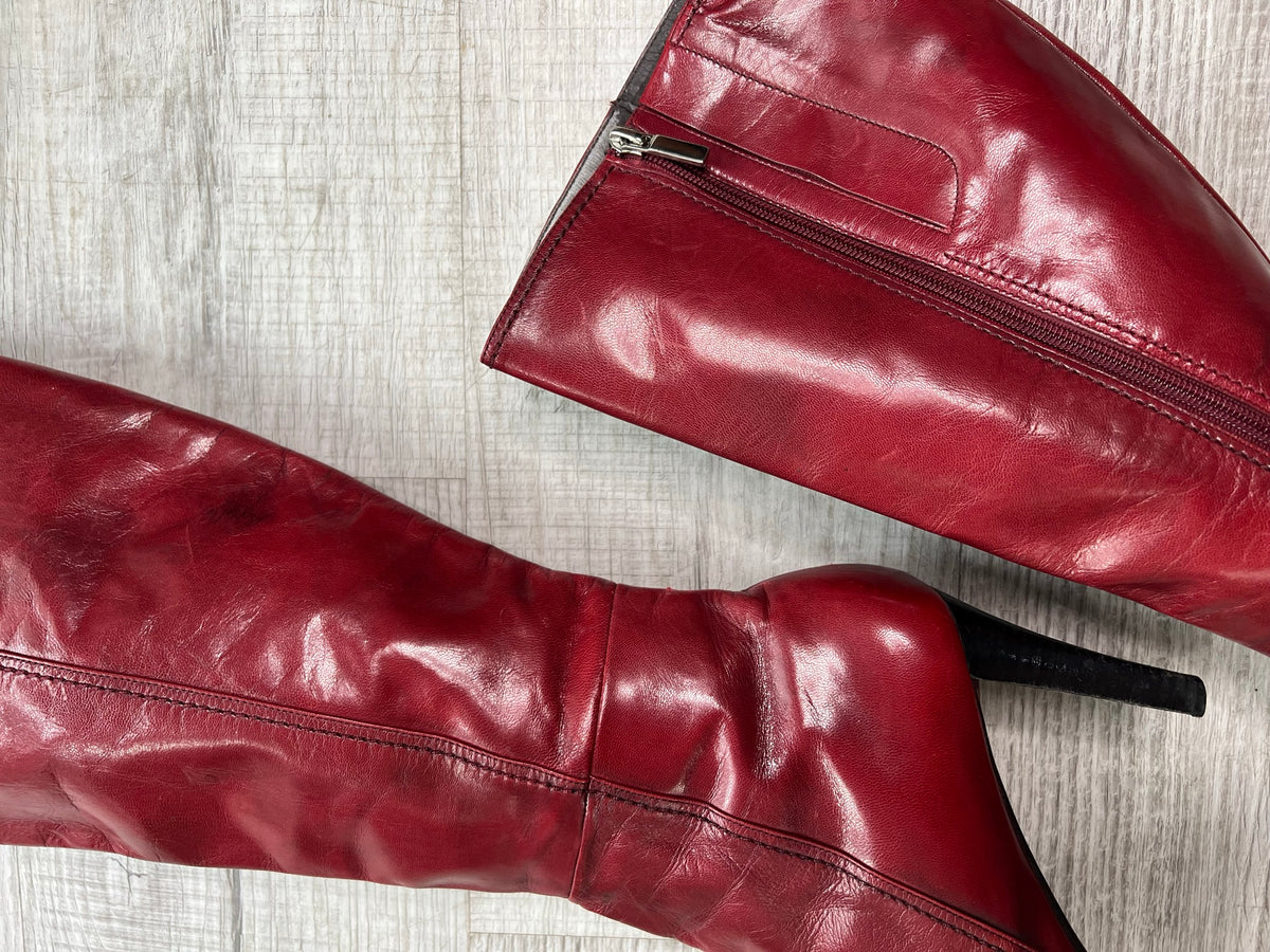 Vintage Cherry Red Leather Mid Calf Boots size 10 - Elektra Vintage