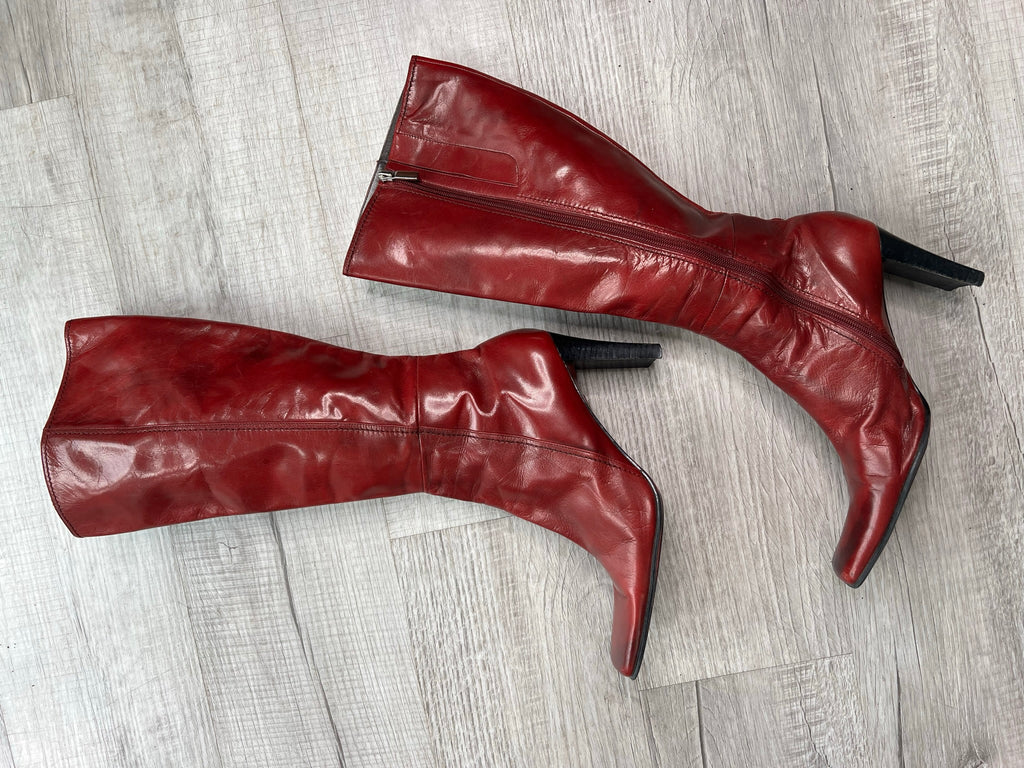 Vintage Cherry Red Leather Mid Calf Boots size 10 - Elektra Vintage
