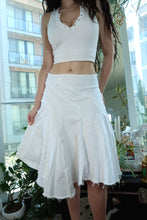 Load image into Gallery viewer, Y2K White Asymmetrical Midi Skirt – Frayed Hem Panel Skirt with Raw Seams
