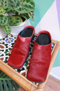 Vintage red pony hair mule heels by Elektra Vintage, showing stylish slip-on shoes with a pointed toe and textured pony hair material.
