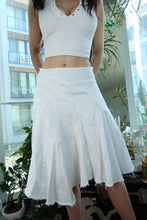 Load image into Gallery viewer, Y2K White Asymmetrical Midi Skirt – Frayed Hem Panel Skirt with Raw Seams
