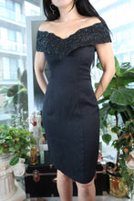 Load image into Gallery viewer, Vintage 90s Black Off-the-Shoulder Beaded Cocktail Dress with Fitted Silhouette
