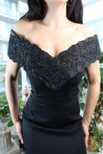 Load image into Gallery viewer, Vintage 90s Black Off-the-Shoulder Beaded Cocktail Dress with Fitted Silhouette
