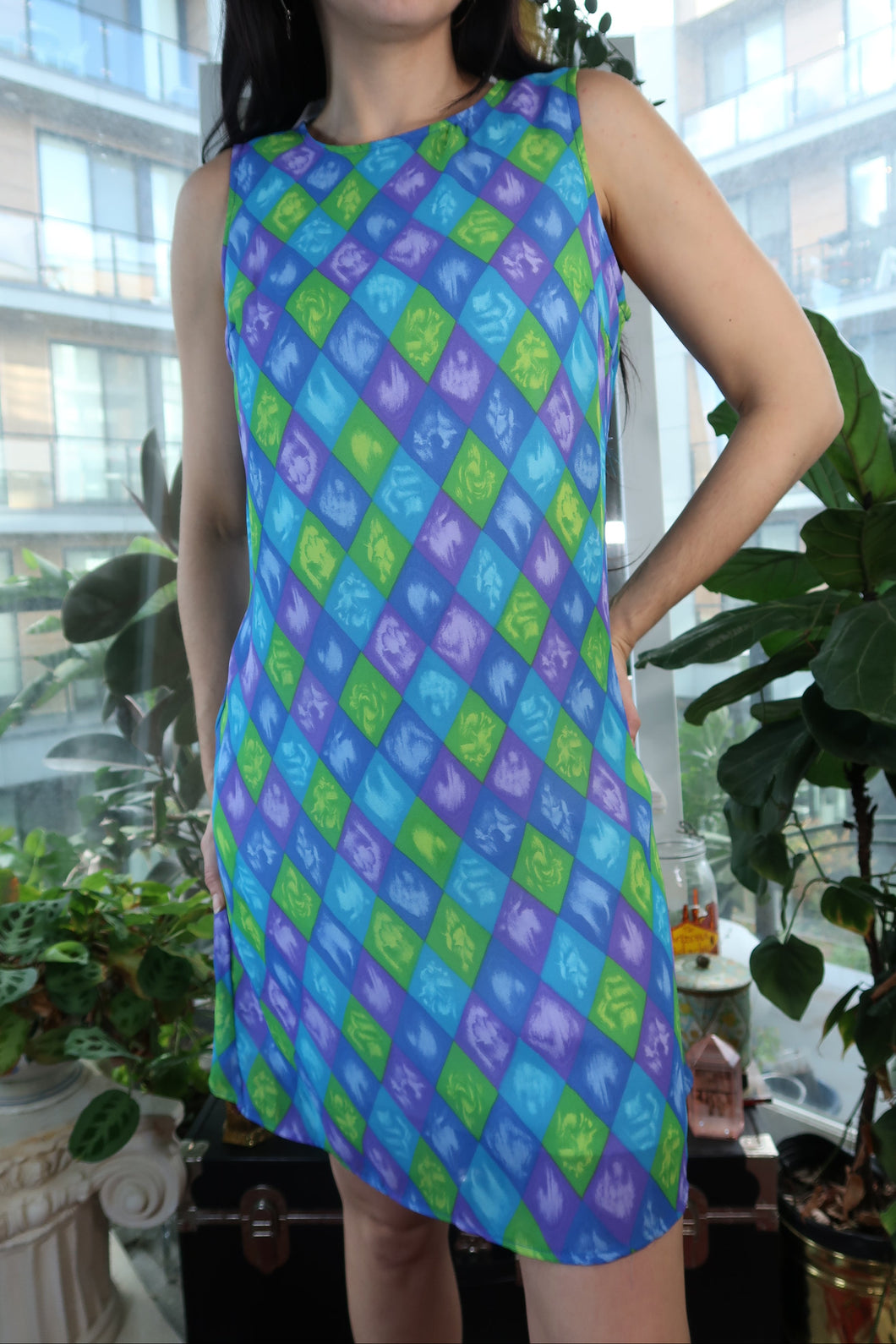 Vintage 2000s Retro Mod Harlequin Diamond Print Mini Dress