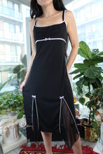 Load image into Gallery viewer, Vintage Byer Too! Black Midi Dress w/ White Bows &amp; Sheer Slits
