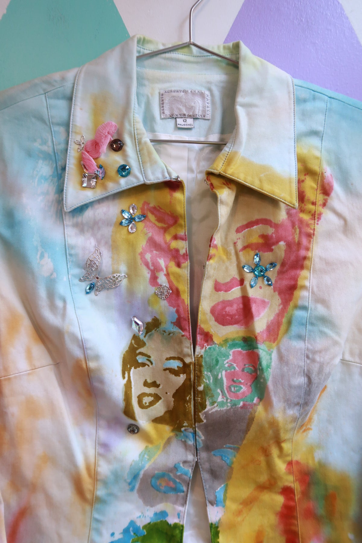 Vintage Elektra Vintage hand-painted pop art embellished jacket with colorful artistic designs on the fabric.