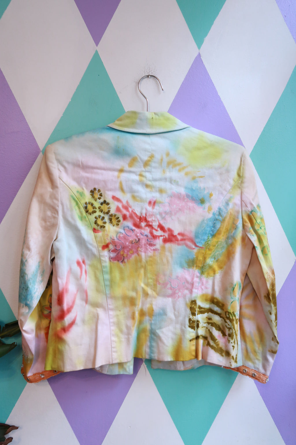 Vintage Elektra Vintage hand-painted pop art embellished jacket with colorful artistic details and unique style.