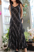 100% Silk Black Plaid Maxi Dress – Sleeveless Bias-Cut Y2K Grunge Slip Dress