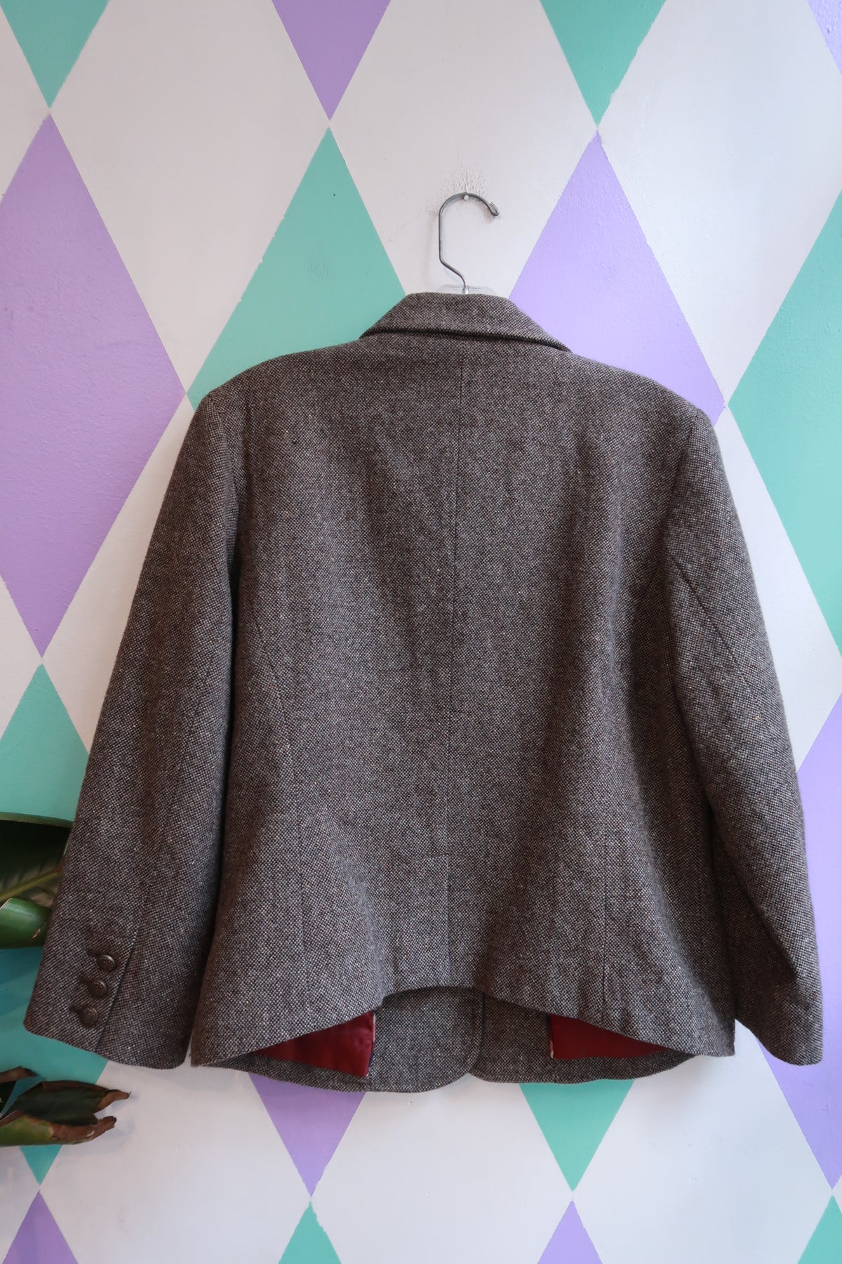Women's vintage American Eagle Tweed Crest blazer jacket by Elektra Vintage, featuring a classic tailored fit and textured tweed fabric.