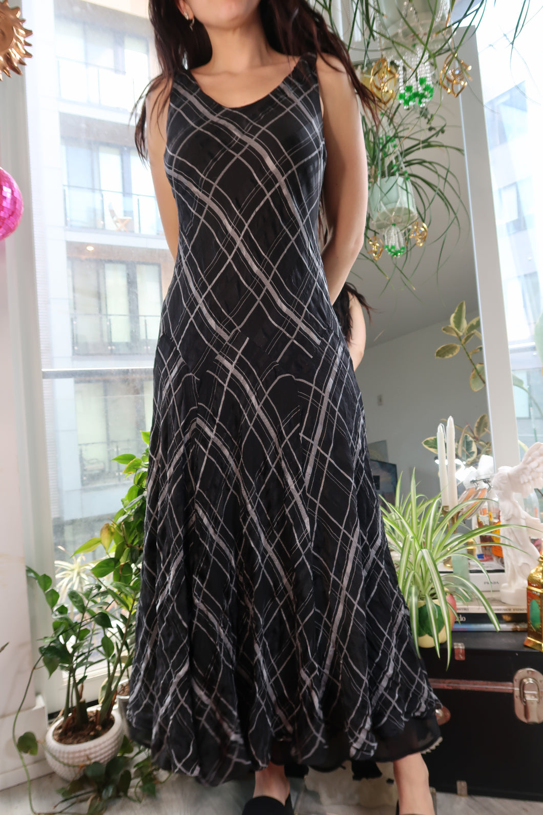 100% Silk Black Plaid Maxi Dress – Sleeveless Bias-Cut Y2K Grunge Slip Dress