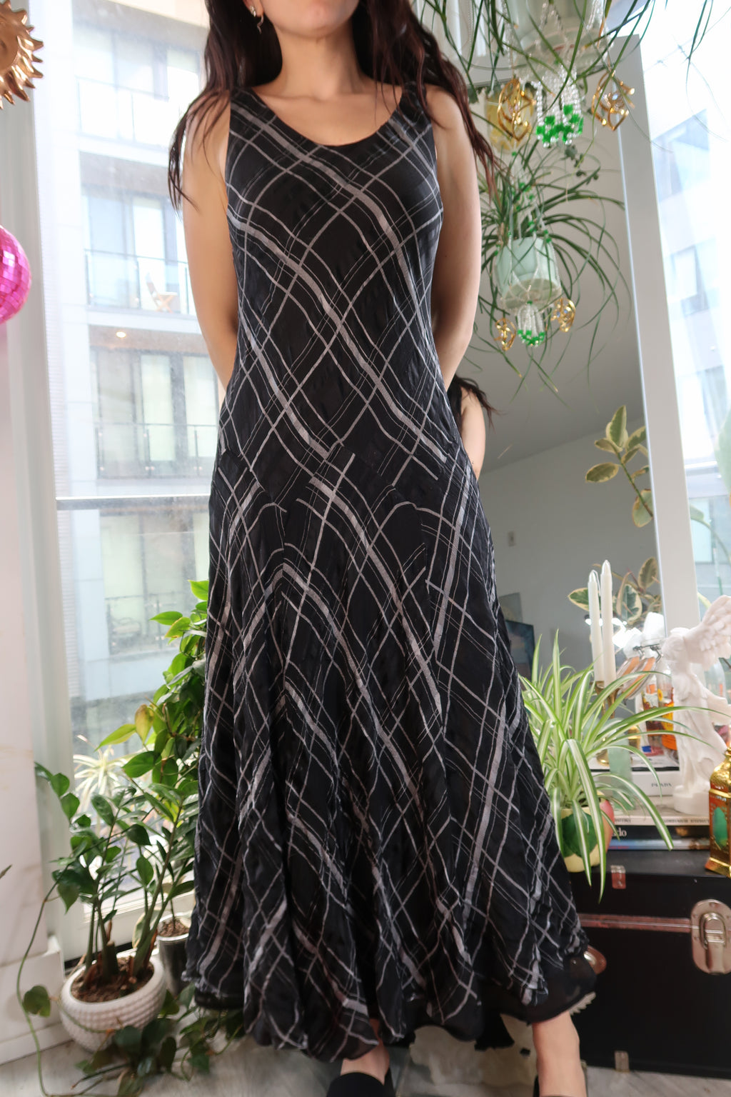 100% Silk Black Plaid Maxi Dress – Sleeveless Bias-Cut Y2K Grunge Slip Dress