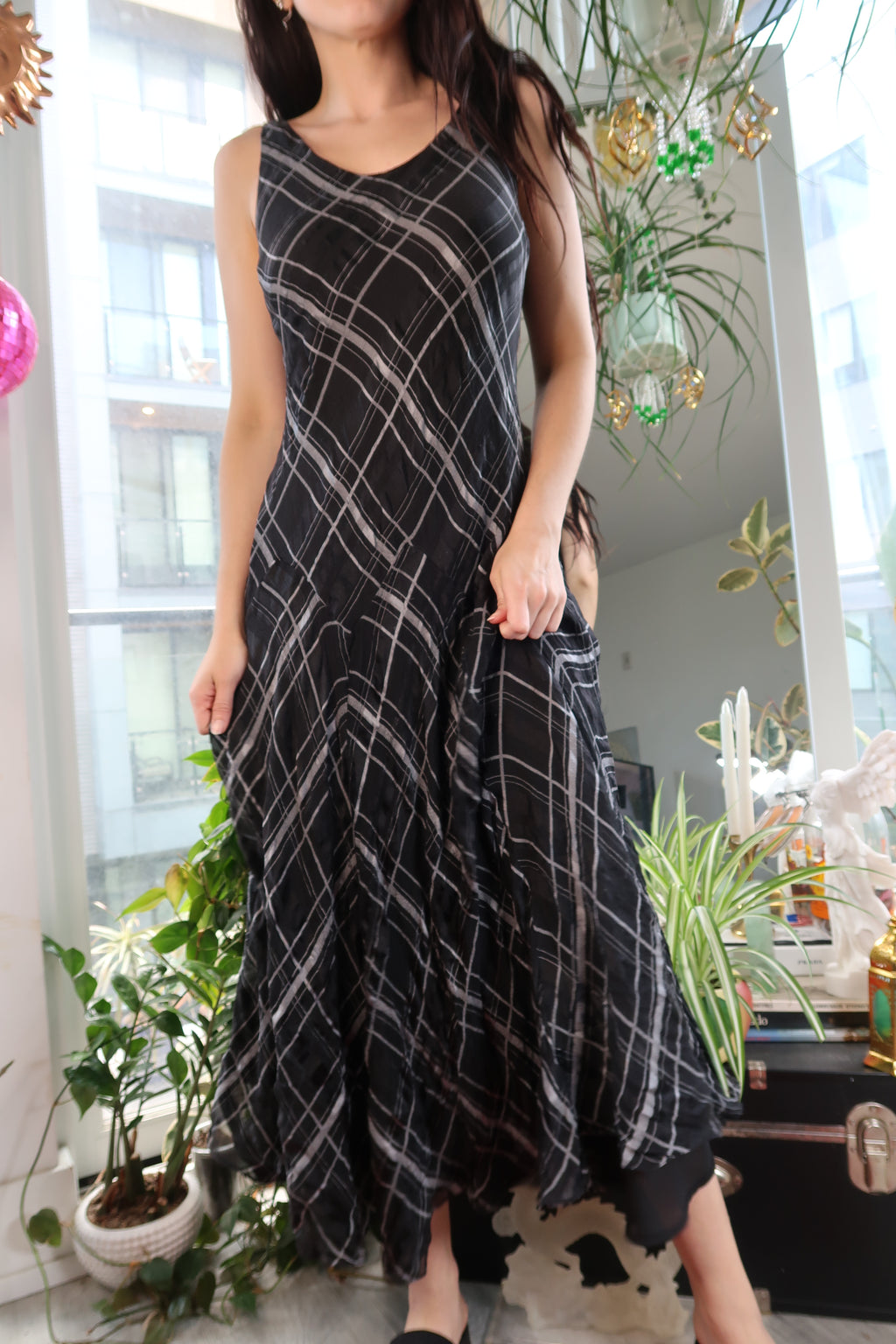 100% Silk Black Plaid Maxi Dress – Sleeveless Bias-Cut Y2K Grunge Slip Dress