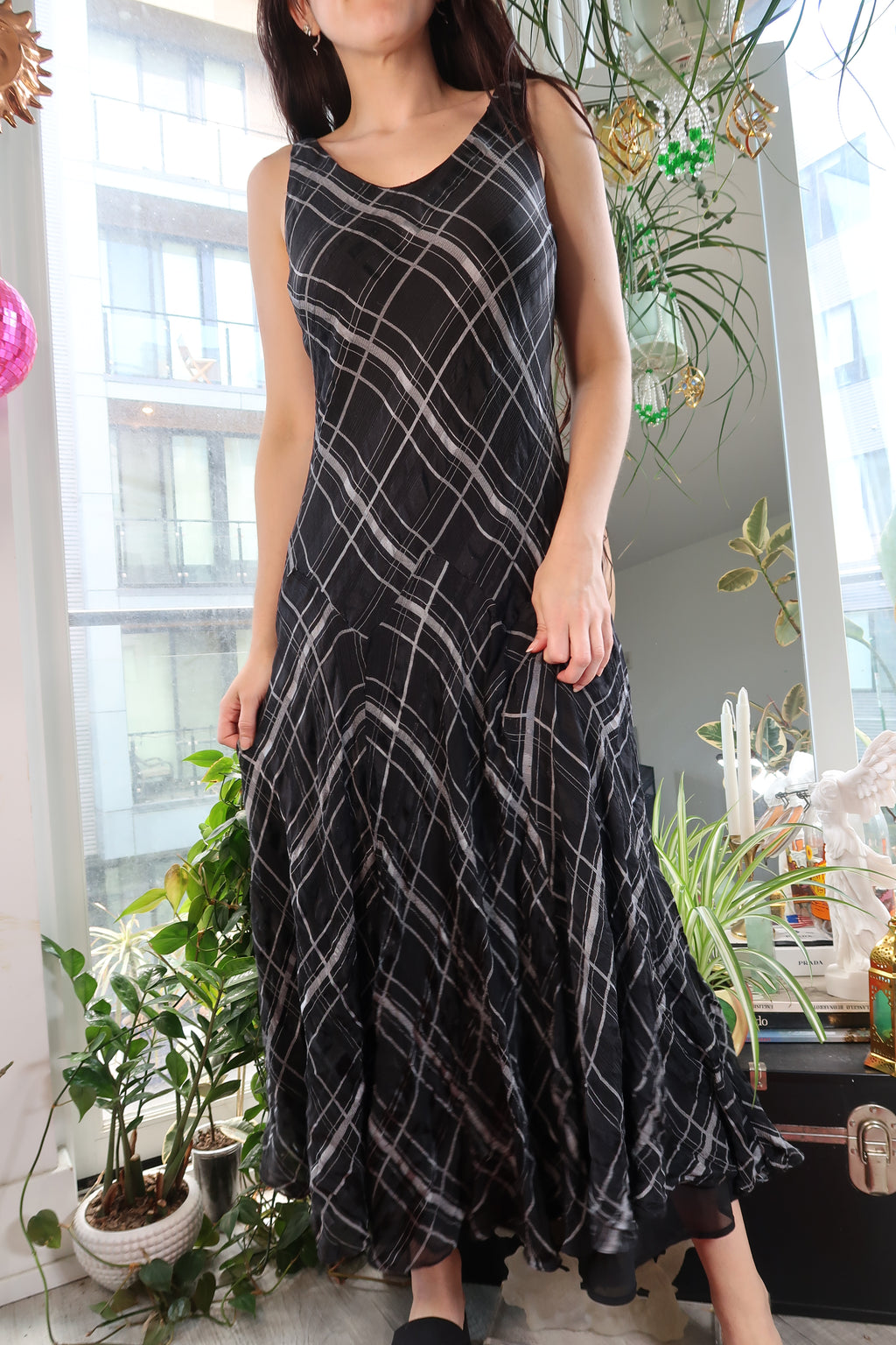 100% Silk Black Plaid Maxi Dress – Sleeveless Bias-Cut Y2K Grunge Slip Dress