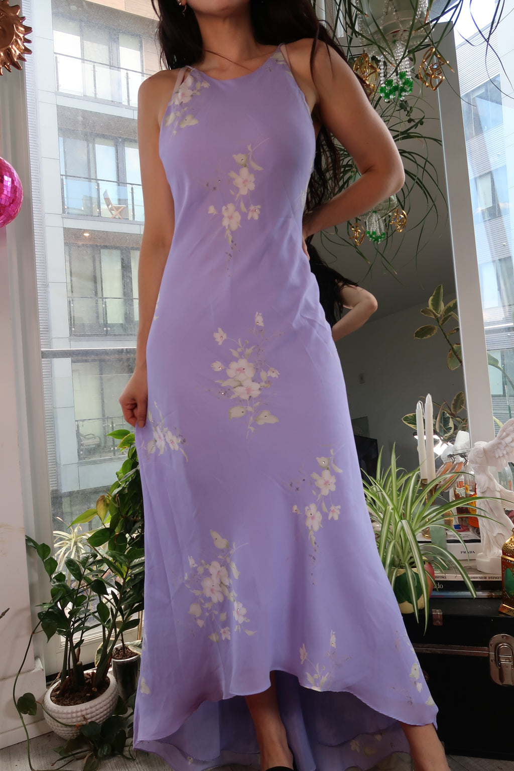 Vintage Y2K Lavender Floral Dress – Bias Cut Maxi Dress with High-Low Hem