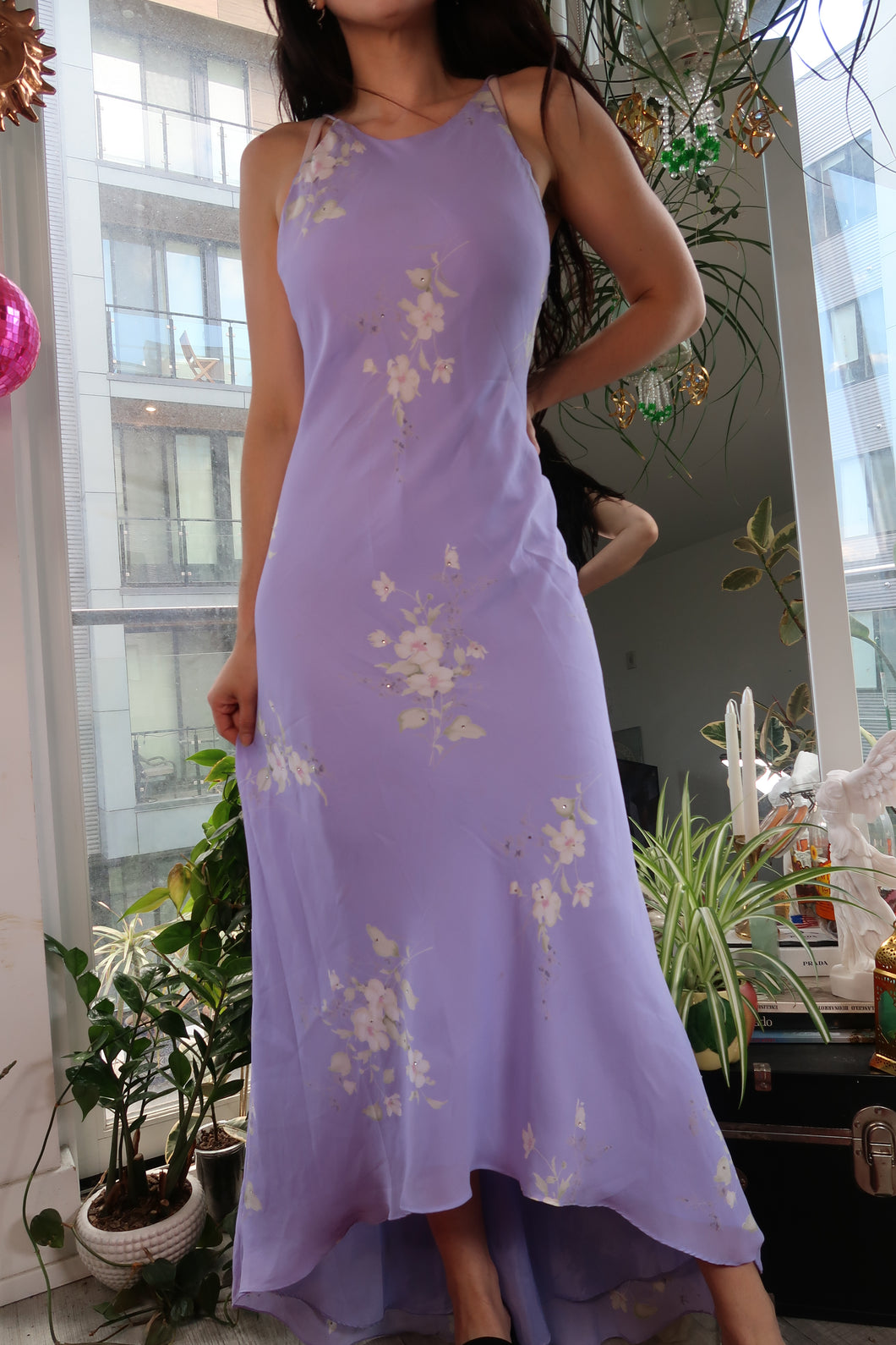 Vintage Y2K Lavender Floral Dress – Bias Cut Maxi Dress with High-Low Hem