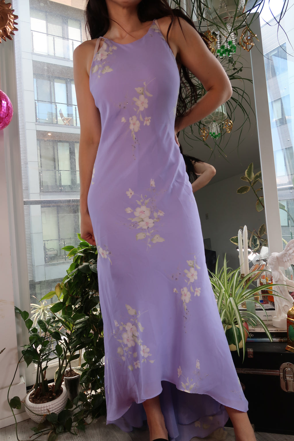 Vintage Y2K Lavender Floral Dress – Bias Cut Maxi Dress with High-Low Hem