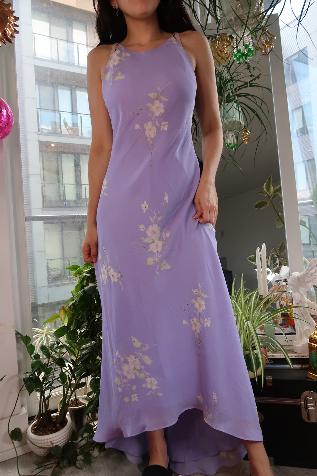 Vintage Y2K Lavender Floral Dress – Bias Cut Maxi Dress with High-Low Hem