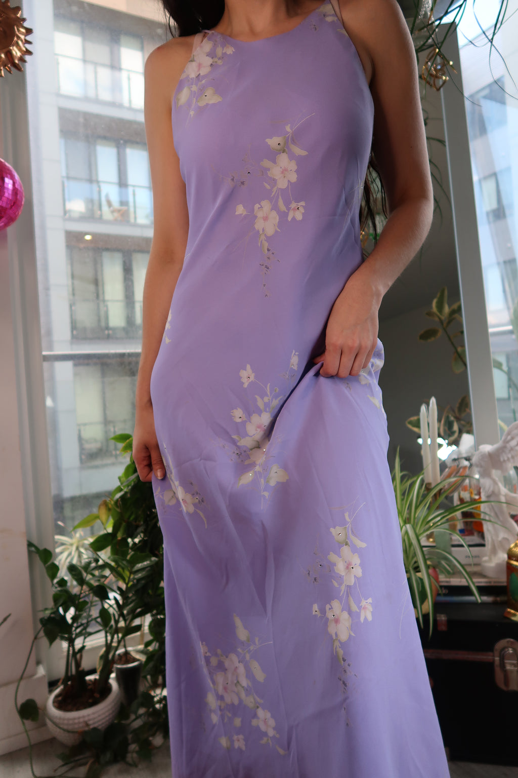Vintage Y2K Lavender Floral Dress – Bias Cut Maxi Dress with High-Low Hem