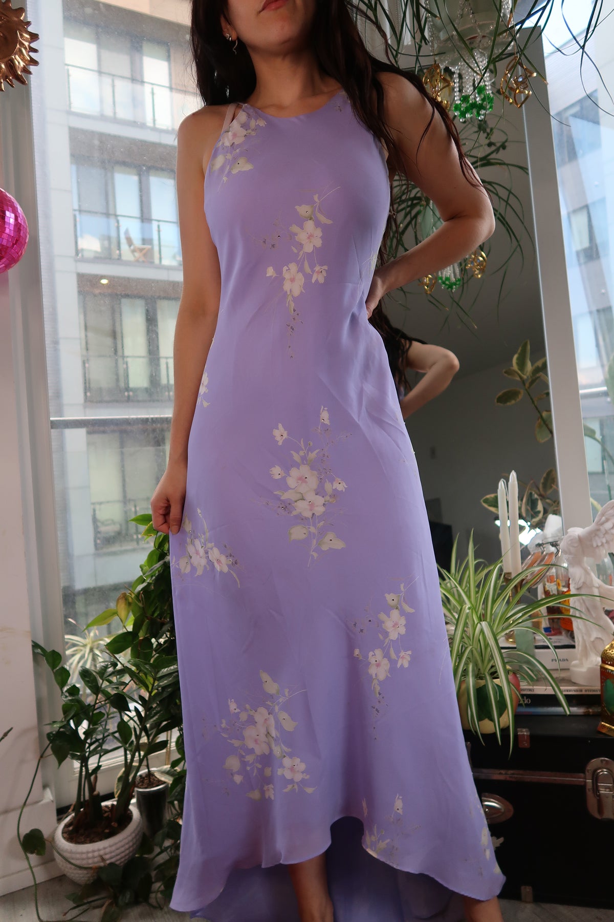 Vintage Y2K Lavender Floral Dress – Bias Cut Maxi Dress with High-Low Hem