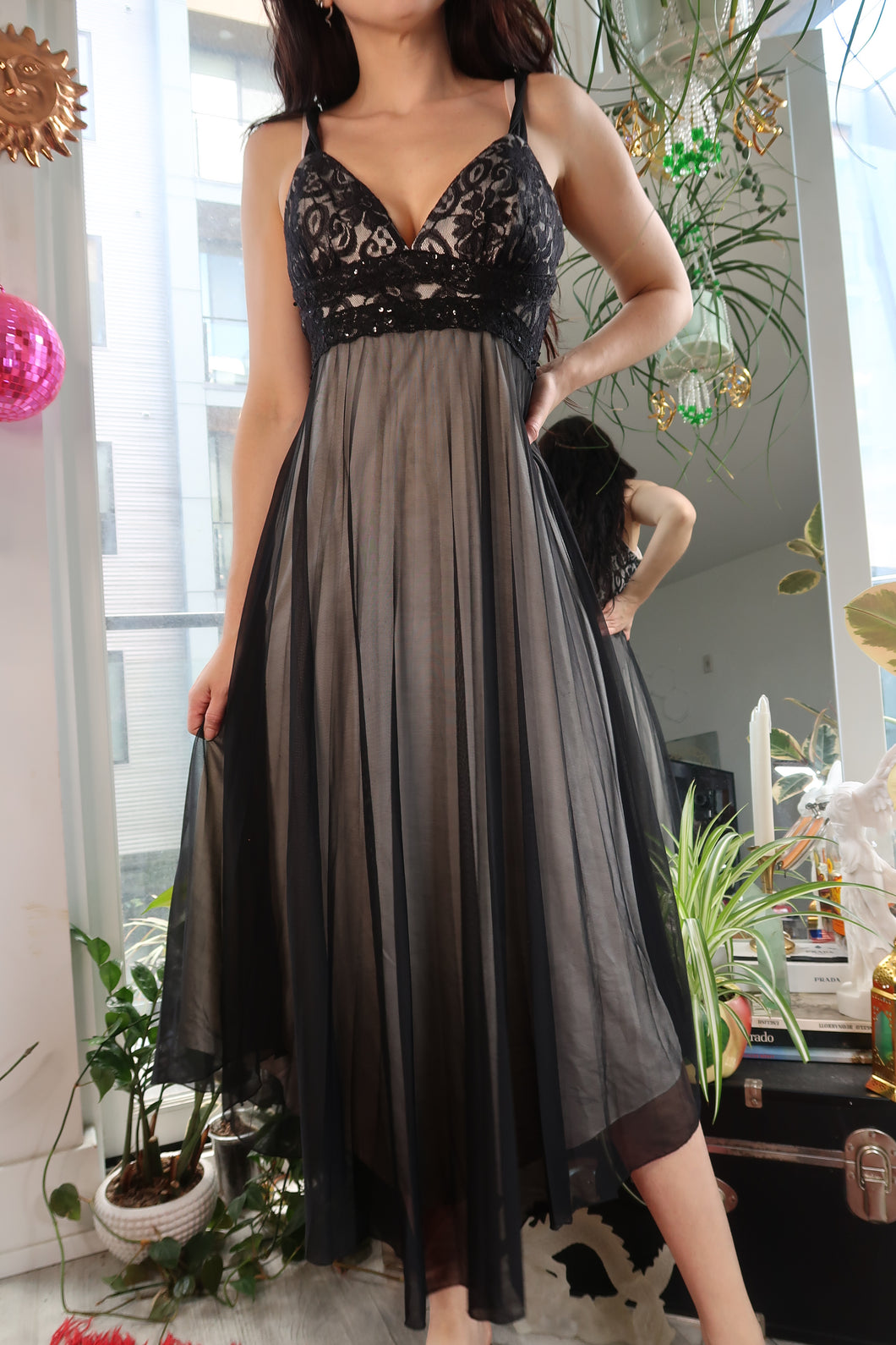 Y2K Sheer Black Mesh Slip Dress – Lace Bust Empire Waist Gown