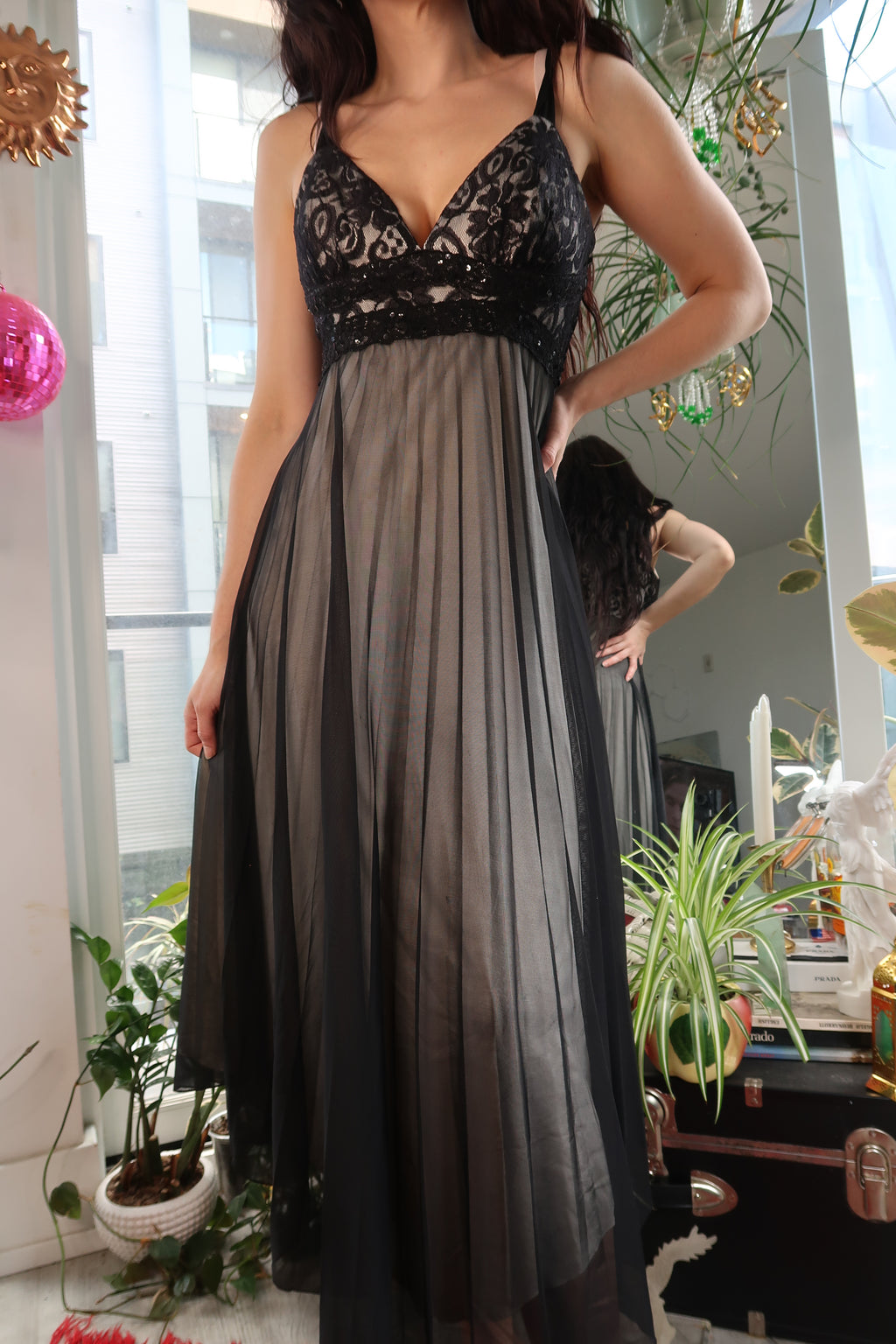 Y2K Sheer Black Mesh Slip Dress – Lace Bust Empire Waist Gown