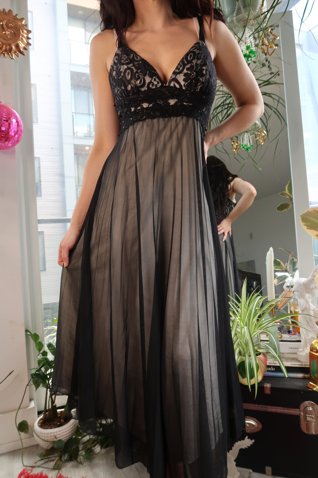 Y2K Sheer Black Mesh Slip Dress – Lace Bust Empire Waist Gown