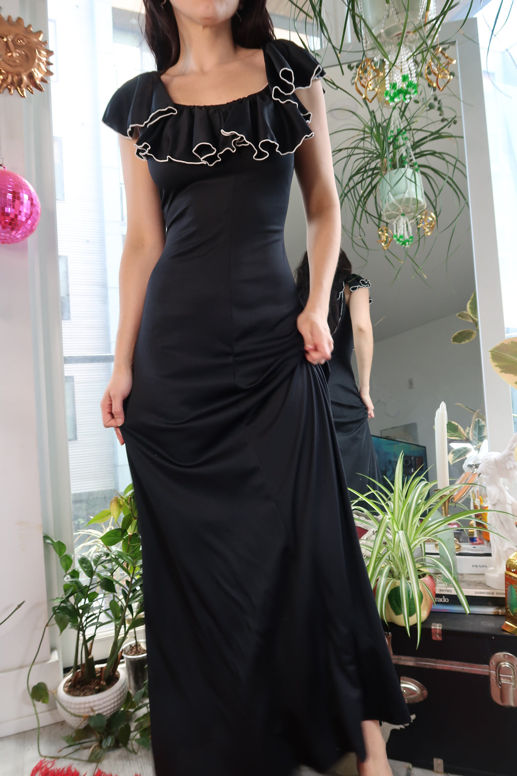 70s Vintage Black Ruffle Trim Maxi Dress – Romantic Cottagecore Dress