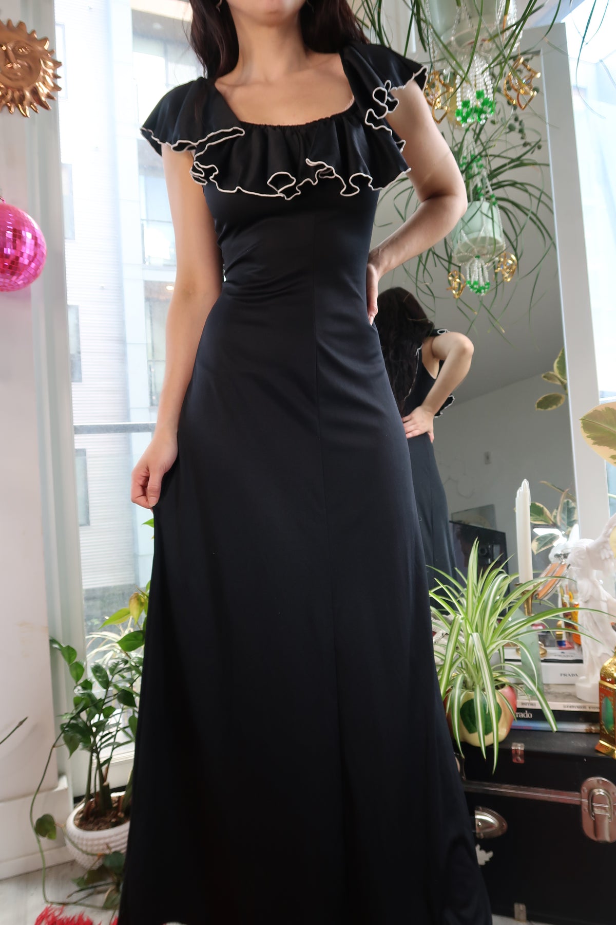70s Vintage Black Ruffle Trim Maxi Dress – Romantic Cottagecore Dress