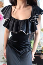 Load image into Gallery viewer, 70s Vintage Black Ruffle Trim Maxi Dress – Romantic Cottagecore Dress
