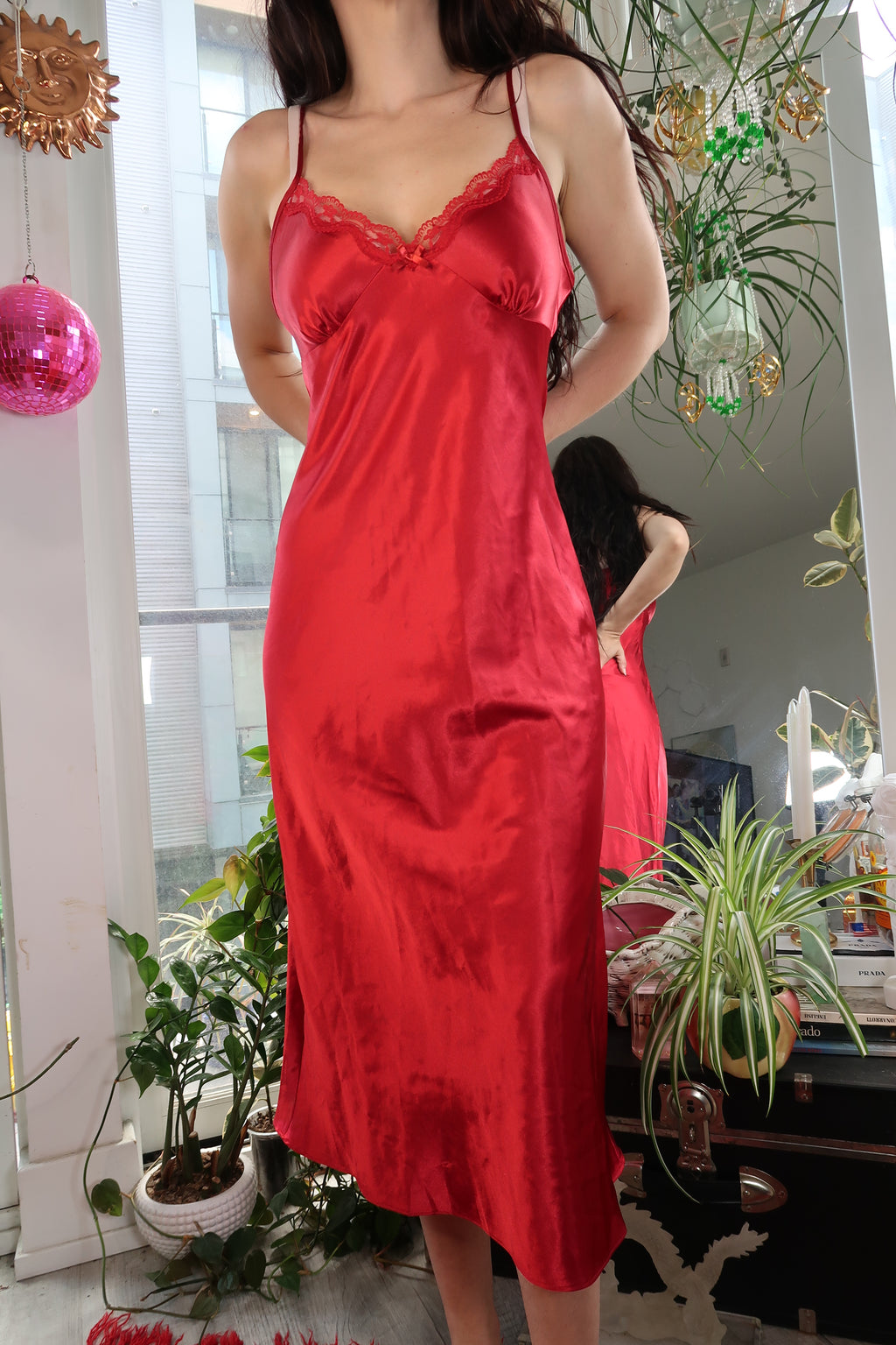 Vintage Red Satin Lace Trim Slip Dress