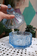 Vintage blue glass trinket box by Elektra Vintage, decorative candy dish with intricate design and smooth glass surface.