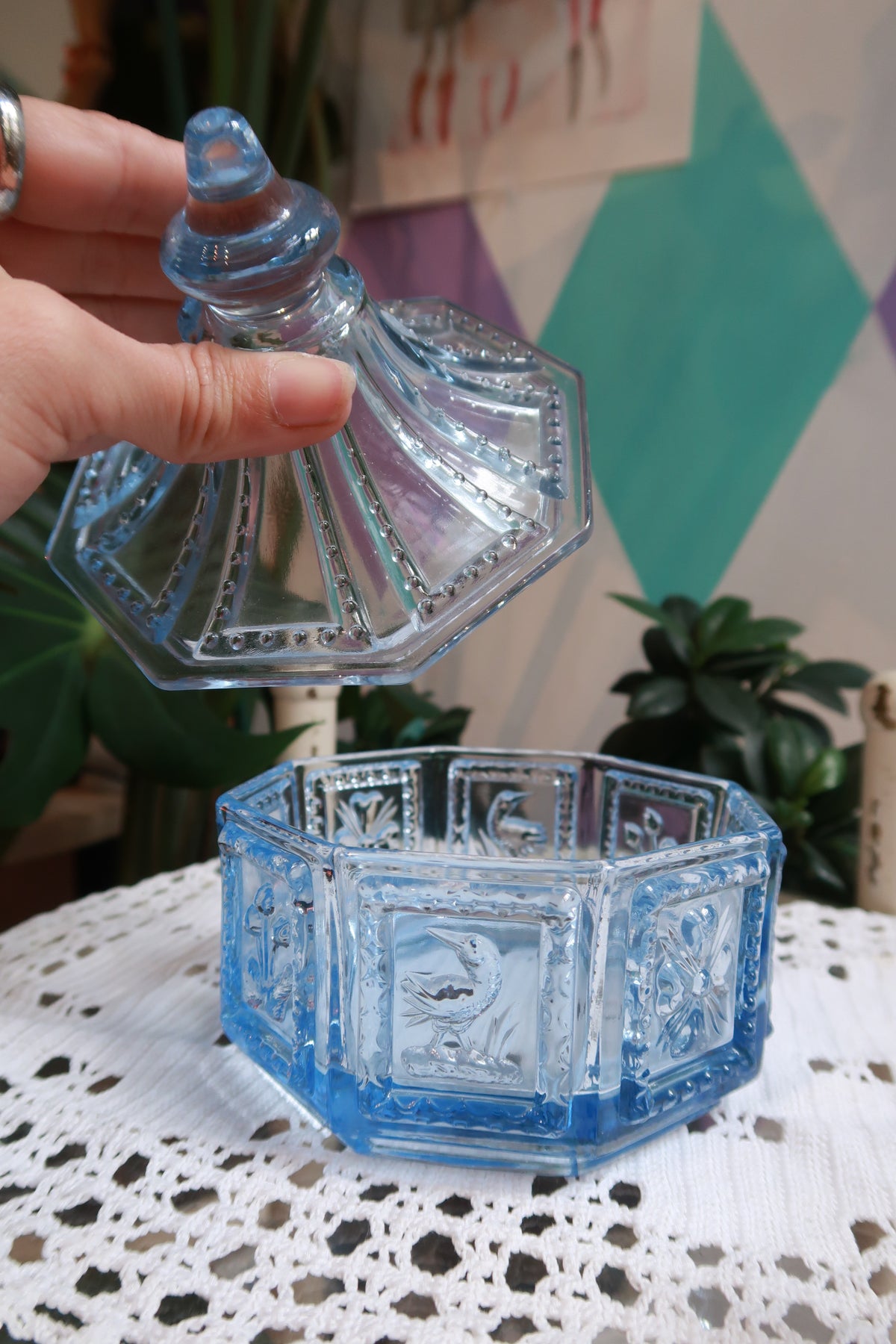 Vintage blue glass trinket box by Elektra Vintage, decorative candy dish with intricate design and smooth glass surface.