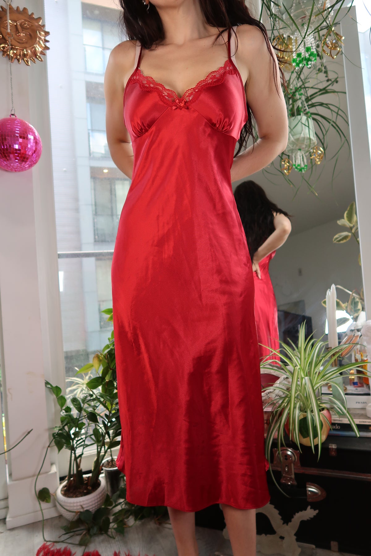 Vintage Red Satin Lace Trim Slip Dress