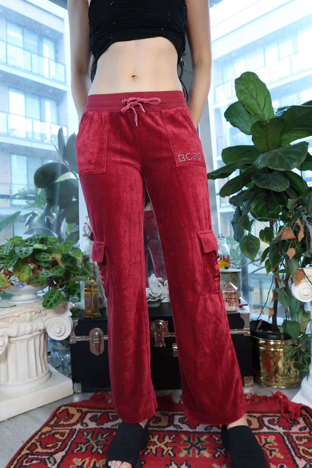Vintage BCBG Velour Cargo Sweatpants – Ruby Red Y2K Lounge Pants