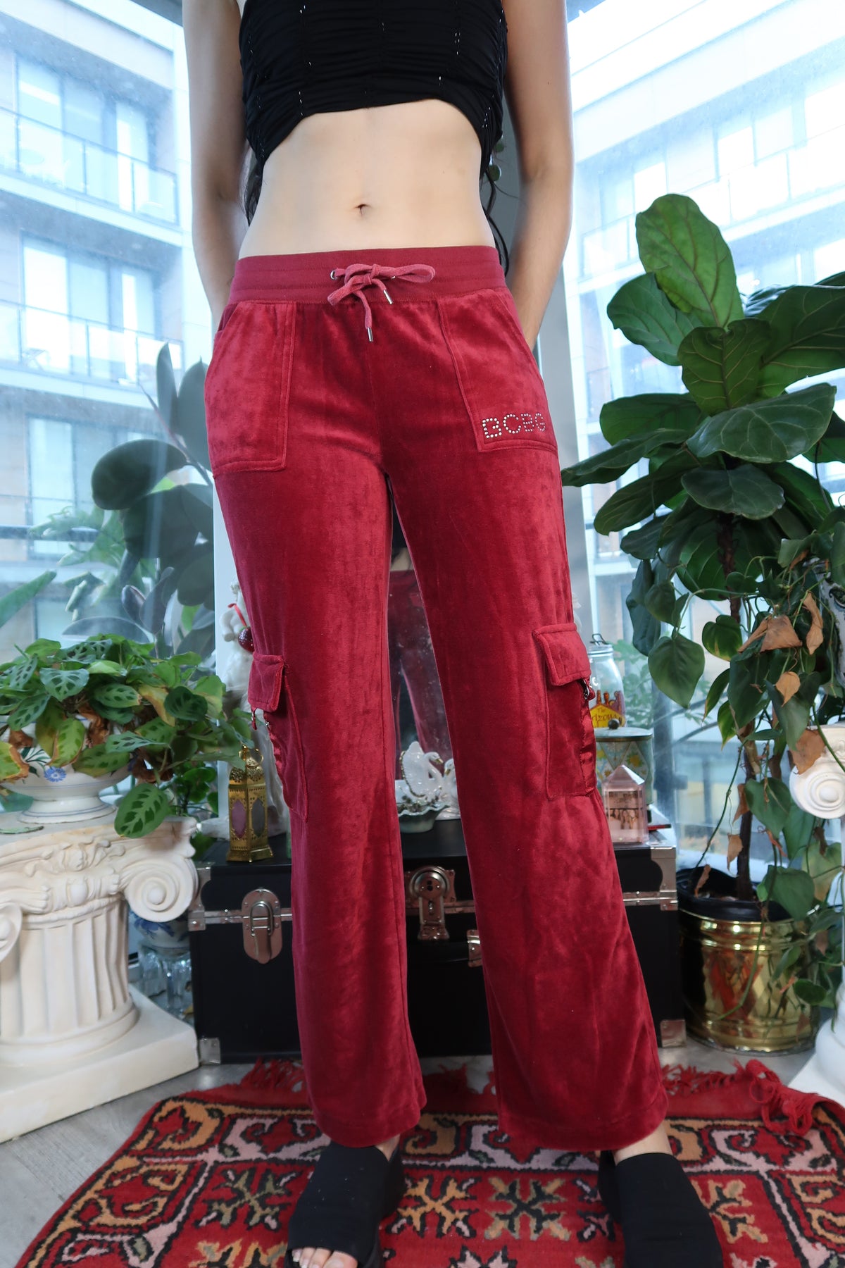 Vintage BCBG Velour Cargo Sweatpants – Ruby Red Y2K Lounge Pants