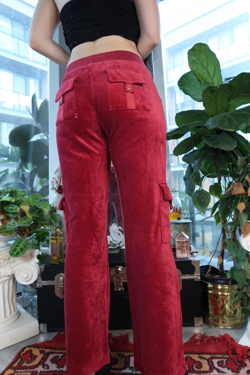 Vintage BCBG Velour Cargo Sweatpants – Ruby Red Y2K Lounge Pants