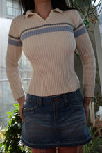 Load image into Gallery viewer, Y2K Ribbed Knit Sweater – Cream Collared Pullover with Blue Stripes
