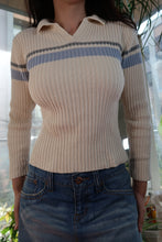 Load image into Gallery viewer, Y2K Ribbed Knit Sweater – Cream Collared Pullover with Blue Stripes
