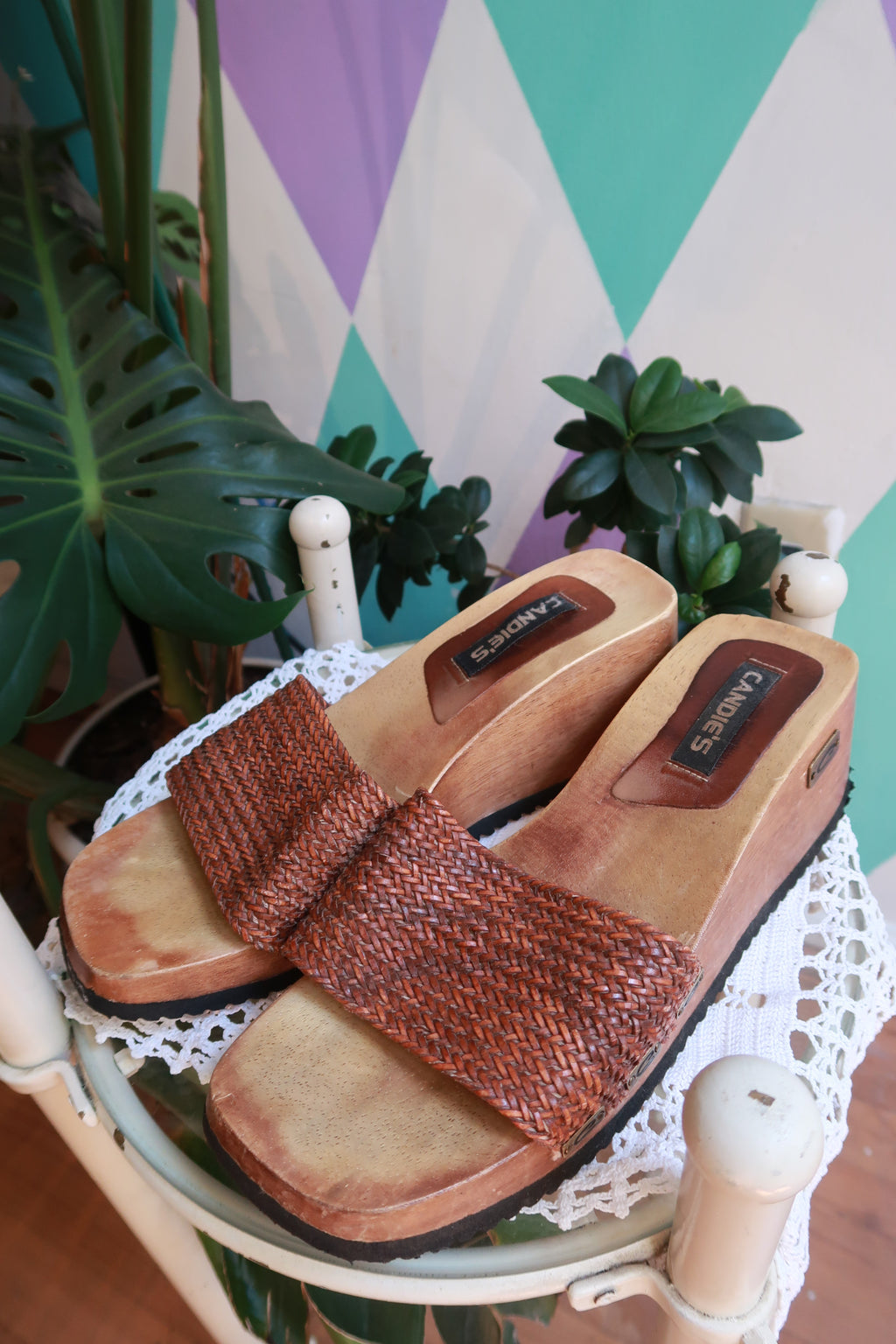 Vintage Candie’s Wooden Platform Slide Sandals