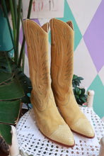 Load image into Gallery viewer, Vintage Buttery Yellow Suede Western Cowboy Boots with Snakeskin Toe
