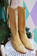 Load image into Gallery viewer, Vintage Buttery Yellow Suede Western Cowboy Boots with Snakeskin Toe
