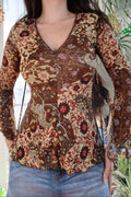 Vintage Sheer Boho Mesh Top – 90s/Y2K Bell Sleeve Patchwork Print