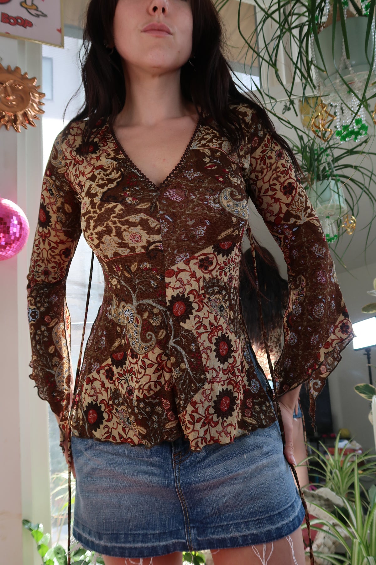 Vintage Sheer Boho Mesh Top – 90s/Y2K Bell Sleeve Patchwork Print